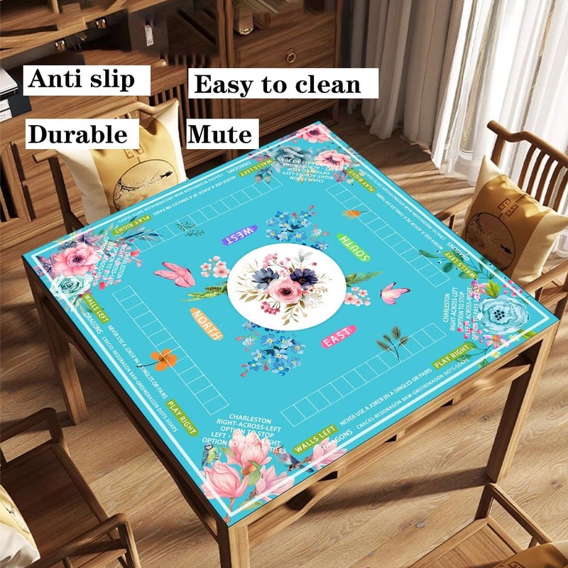 Pittera mahjong mat for table with Drawstring Bag/31.5Inch/american mahjong table cloth with rules mats， Noise Reduction Anti-Slip game mat for table，for Mahjong/Poker/Board Games/Card Games/Dominoes (blue) - Image 2